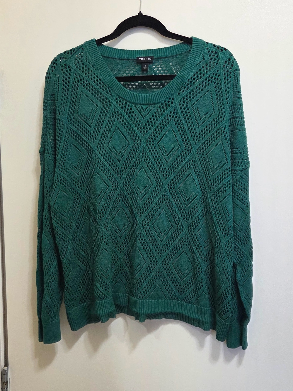 Torrid Green Open-Knit Pointelle Diamond Crewneck Sweater 2X